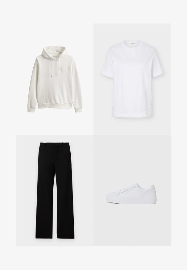 Sweat à capuche blanc GANT avec cordons et logo brodé discret sur la poitrine gauche, poignets et ourlet côtelés, présenté sur fond uni.; T-shirt blanc à manches courtes col rond avec un subtil motif ondulé cousu et une petite étiquette beige à l’intérieur du col.; Pantalons larges noirs en tissu lisse, dotés d'une taille haute, de passants de ceinture et d'un pli avant net pour un look ajusté.; Tommy Hilfiger TH PLATFORM - Baskets basses - white