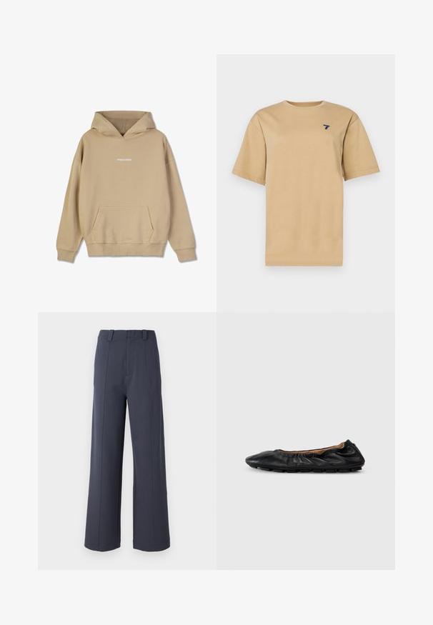 Beige hætte sweatshirt lavet af bomuldsagtigt materiale. Har en front-kangaroo lomme og hvid "PEGADOR" logo på brystet.; Beige bomulds t-shirt med rund hals og korte ærmer. Har et lille marineblåt '7' logo på venstre bryst.; Bredde bukser i mørkegrå stof. Funktionen inkluderer en høj talje, frontplisseringer og en glat tekstur med bæltestropper.; Sort læder balletflade med samlet detaljering ved kraven, rund tå og fleksibel gummisål. Glat tekstur hele vejen igennem.