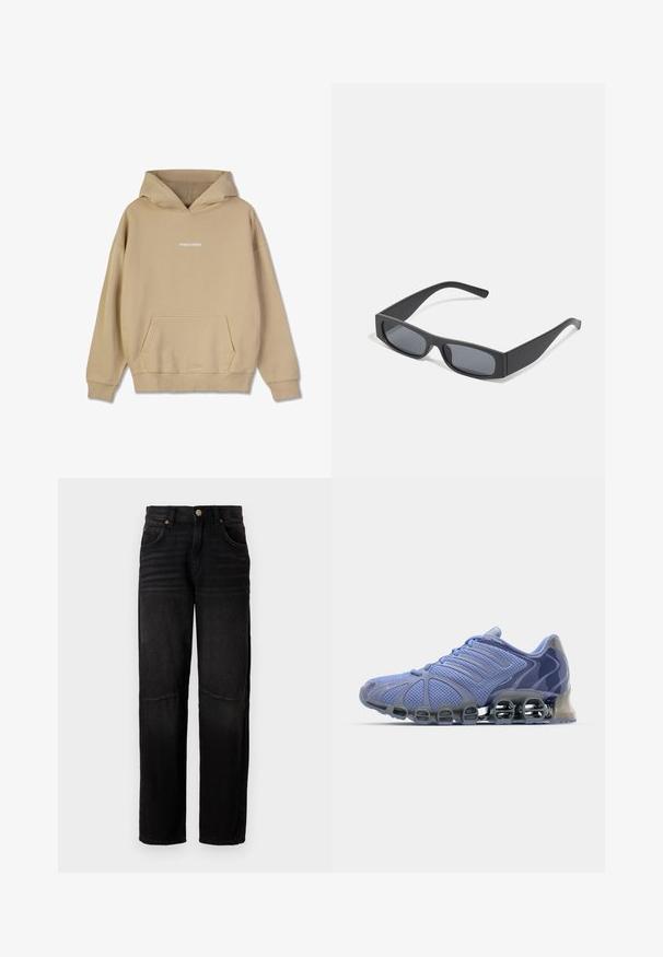 Beige hætte sweatshirt lavet af bomuldsagtigt materiale. Har en front-kangaroo lomme og hvid "PEGADOR" logo på brystet.; Sorte denimjeans med lige ben, fem lommer, knaplukning og subtile falmede detaljer ved lårene og knæene.; adidas Originals MEGA GHOSTRIDE W - Sneakers - blue spark/blue spark metallic/silver metallic; Sorte rektangulære solbriller med mørke linser og tykke matte stel. Armen er let tilspidset med en glat overflade.