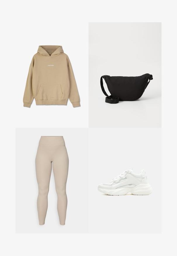 Beige hætte sweatshirt lavet af bomuldsagtigt materiale. Har en front-kangaroo lomme og hvid "PEGADOR" logo på brystet.; Beige høj talje leggings med ribbet tekstur, der har en glat talje og tætsiddende ben, designet til komfort og fleksibilitet.; Hvid chunky sneaker med tyk sål, snørelukning foran og glat syntetisk overdel med subtile syningsdetaljer.; Sort hobo taske lavet af blødt stof, med en buet form, lynlåslukning og en bred justerbar rem. Glat tekstur uden mønstre.