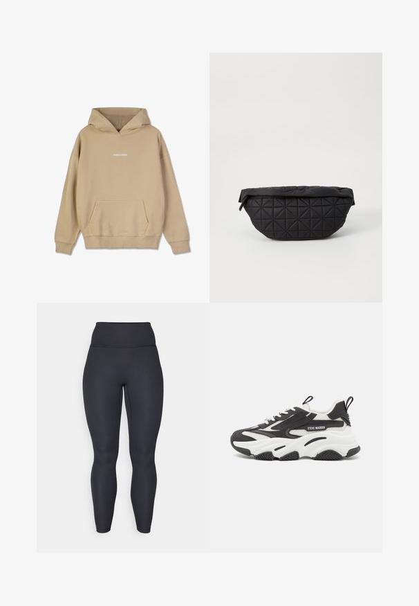 Beige huppari, joka on valmistettu puuvillamaisesta materiaalista. Siinä on etupuolella kengurulaukku ja valkoinen "PEGADOR" logo rinnassa.; Mustat korkeavyötäröiset ribbileggingsit, joissa on tiukka muotoilu, sileä rakenne ja täyspitkä malli. Ominaisuudet include leveä vyötärönauha tuen takaamiseksi.; Steve Madden POSSESSION-E - Matalavartiset tennarit - black/white; Mustat lämmitetyt pussit, joissa on pehmeä, pehmustettu pinta ja kulmikas timanttikuvio, kaareva siluetti ja vetoketjukiinnitys.