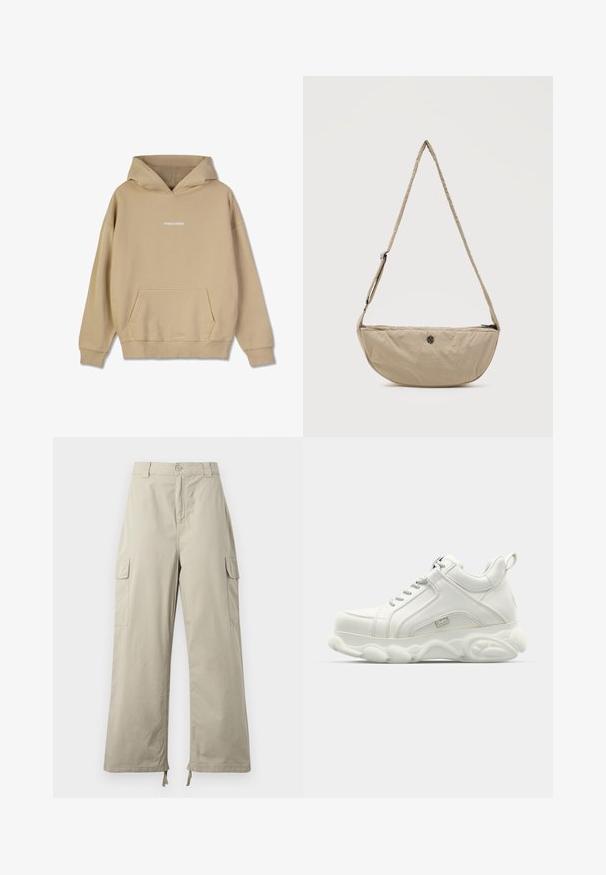 Beige Kapuzenpullover aus einem baumwollähnlichen Material. Verfügt über eine frontale Kängurutasche und ein weißes "PEGADOR"-Logo auf der Brust.; Helle beige Cargo-Hosen mit lockerer Passform, ausgestattet mit einem Knopfverschluss, seitlichen Taschen und verstellbarem Saum mit Bändern. Glatte Stoffoberfläche.; Weiße Sportsneaker mit einem glatten Lederobermaterial, abgerundeter Sohle und strukturiertem Akzent. Ausgestattet mit Schnürsenkeln und einem Zugband auf der Rückseite.; Beige, halbmondförmige Umhängetasche mit verstellbarem Riemen und kleinem rundem Metall-Logo auf der Vorderseite, Reißverschluss oben.