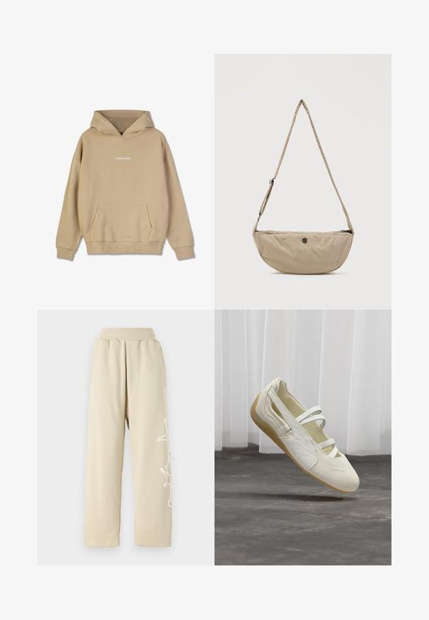 Beige hætte sweatshirt lavet af bomuldsagtigt materiale. Har en front-kangaroo lomme og hvid "PEGADOR" logo på brystet.; Beige, afslappede sweatpants med elastisk talje, sidelommer og et hvidt grafisk detalje langs venstre ben. Blødt bomulds materiale.; Off-white Mary Jane-stil sko med tre remme, teksturerede sider og lys brun fleksibel sål, der svæver over grå gulv.; Beige halvmåneformet crossbody-taske med justerbar rem og lille rundt metallogo foran, lynlåslukning øverst.