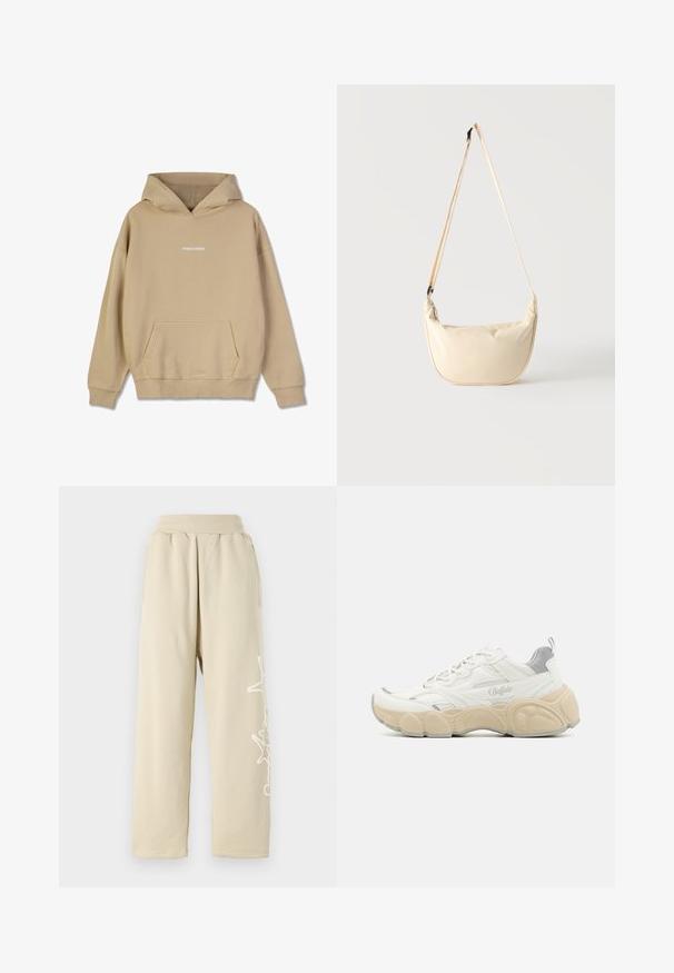 Beige hætte sweatshirt lavet af bomuldsagtigt materiale. Har en front-kangaroo lomme og hvid "PEGADOR" logo på brystet.; Beige, afslappede sweatpants med elastisk talje, sidelommer og et hvidt grafisk detalje langs venstre ben. Blødt bomulds materiale.; Hvide sneakers med mesh og glat læderoverdel, der har en polstret krave, tekstureret gummisål og diskrete metalliske accenter.; Beige skuldertaske i halvmåneform med en lang justerbar rem, der hænger mod en ensfarvet lys baggrund.