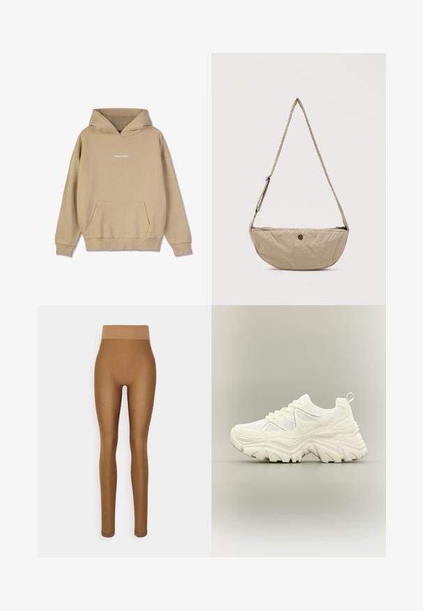 Béžová mikina s kapucňou vyrobená z materiálu podobného bavlne. Obsahuje predné klokanie vrecko a biely logotyp "PEGADOR" na hrudníku.; Even&Odd active Legíny - brown; Biele masívne tenisky s hrubou textúrovanou podrážkou, sieťovinovými panelmi, šnurovacím predkom a pútkom na päte na neutrálnom pozadí.; Béžová kabelka cez rameno v tvare polmesiaca s nastaviteľným popruhom a malým okrúhlym kovovým logom vpredu, uzatváranie na zips v hornej časti.