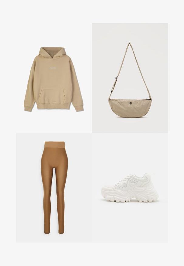 Beež kapuutsiga sviiter, mis on valmistatud puuvilla meenutavast materjalist. Sellel on ees kangaroo-tasku ja valge "PEGADOR" logo rinnal.; Even&Odd active Retuusid - brown; Valged jämedad sneakers, millel on tekstureeritud ülemine osa, võrgusilma paneelid ja paksud kummist tallad, millel on silmapaistev mustrimuster. Paelad ja tõmbeosa on kaasa arvatud.; Beežist poolkuu-kujulise õlakotiga, millel on reguleeritav rihm ja ees väike ümar metallist logo, peal lukuga sulgur.
