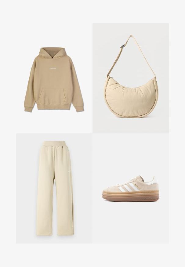 Beige huppari, joka on valmistettu puuvillamaisesta materiaalista. Siinä on etupuolella kengurulaukku ja valkoinen "PEGADOR" logo rinnassa.; Vaaleanbeige leveälahkeiset collegehousut, jotka on valmistettu pehmeästä kankaasta. Niissä on joustava vyötärö, sivutaskut ja pieni brodeerattu logoyksityiskohta.; Beigenvärinen mokkanahkainen tennari, jossa valkoiset nahkakoristeet, kolme valkoista raitaa, kultainen logo ja paksu, läpikuultava kumipohja.; Beige puolikuun muotoinen olkalaukku, jossa on pehmeä, pehmustettu tekstuuri. Siinä on säädettävä olkahihna ja vetoketjusulku yläreunassa.