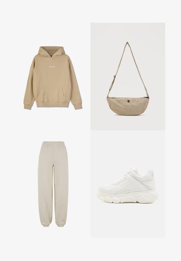 Beige hoodie gemaakt van katoenachtig materiaal. Beschikt over een voorzak en een witte "PEGADOR" logo op de borst.; Beige casual broek met elastische tailleband en boorden, met een losse pasvorm en een gladde stoftextuur.; Witte chunky sneaker met dikke zool, vetersluiting en "Buffalo"-branding op de zijkant en hiel.; Beige, halvemaanvormige crossbodytas met verstelbare riem en klein, rond metalen logo aan de voorkant, ritssluiting bovenaan.