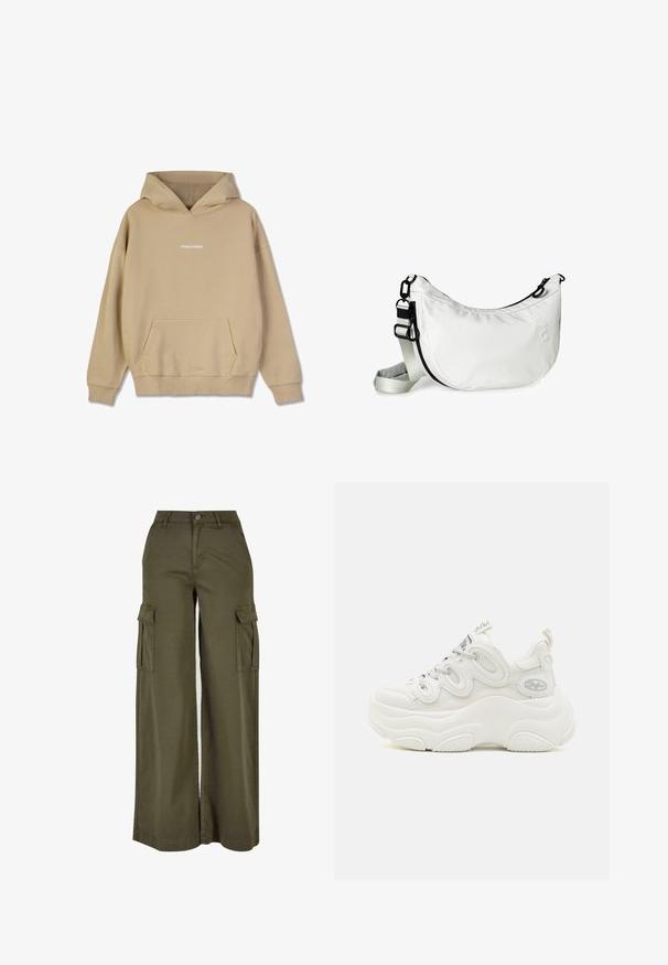 Beige hoodie gemaakt van katoenachtig materiaal. Beschikt over een voorzak en een witte "PEGADOR" logo op de borst.; Olijfgroene wijde cargobroek met twee zijzakken, gemaakt van een zachte, duurzame stof. Voorzien van gedetailleerde stiksels en een knoopsluiting.; Witte chunky sneakers met een bovenwerk van mesh en synthetisch materiaal, een gebogen vorm, een gestructureerde zool en een opvallend vetersysteem met logo-details.; Witte stoffen schoudertas met een gebogen vorm, zwarte ritsaccenten, een verstelbare schouderband en een reliëflogo-detail aan de voorkant.