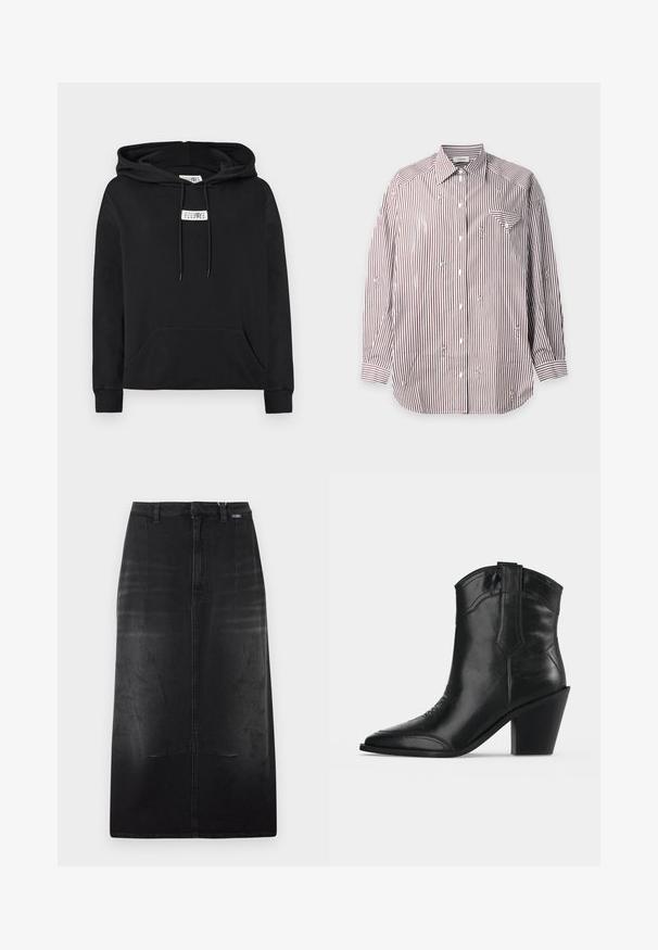 Sweat à capuche noir avec poche kangourou avant, cordons de serrage et petite étiquette blanche avec des chiffres sur la poitrine.; Chemise à manches longues avec boutons, rayures verticales marron et blanches et petite broderie florale dispersée sur le tissu.; Jupe midi en denim noir avec passants de ceinture, couture frontale et texture subtilement délavée.; Bottine noire en cuir avec bout pointu, coutures décoratives, languette de tirage et talon bloc épais sur fond clair uni.