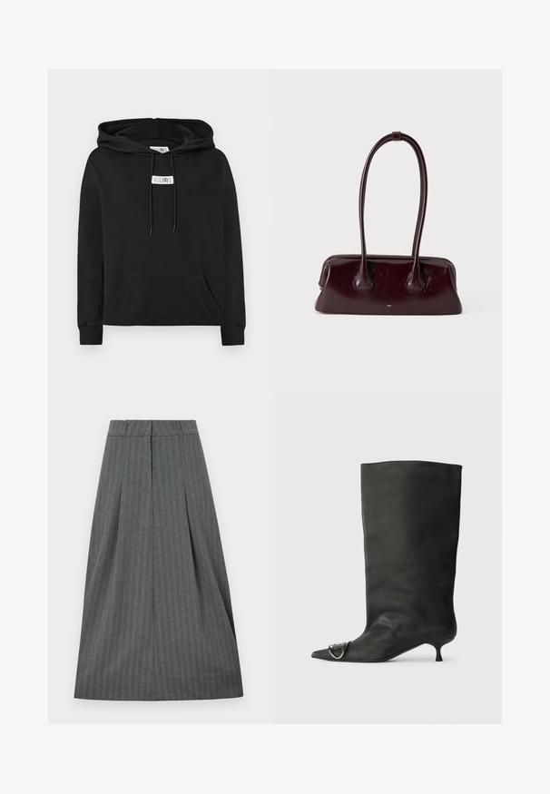 Sweat à capuche noir avec poche kangourou avant, cordons de serrage et petite étiquette blanche avec des chiffres sur la poitrine.; Jupe plissée grise avec une ceinture ajustée, motif à rayures verticales et silhouette fluide. Texture lisse et longueur au genou.; Bottines en cuir noir à bout pointu, petite talon et détail métallique sur le bout. Texture lisse et mate partout.; Sac à main en cuir brun foncé brillant avec de longues anses fines et une base rectangulaire structurée sur un fond clair uni.