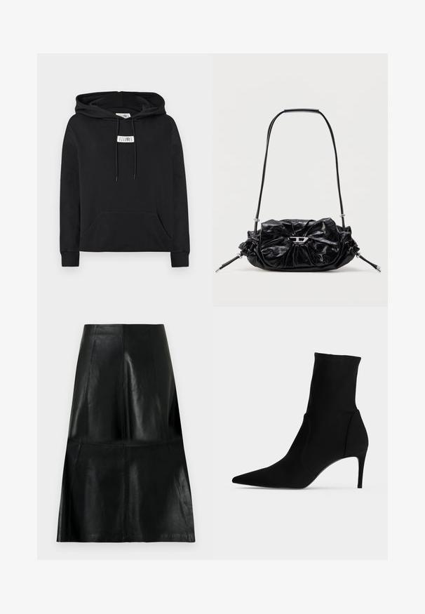 Sweat à capuche noir avec poche kangourou avant, cordons de serrage et petite étiquette blanche avec des chiffres sur la poitrine.; Jupe en cuir noire longueur genou avec des coutures de panneaux verticales et horizontales, légèrement évasée au bas.; Bottine noire à bout pointu et talon haut et fin, présentée de profil sur fond clair. Design épuré et minimaliste.; Sac à main en cuir noir avec un design froncé et un détail en forme de nœud sur le devant. Dispose d'une poignée courte et d'accents de quincaillerie argentée.