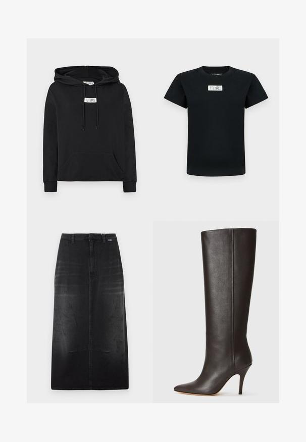 Sweat à capuche noir avec poche kangourou avant, cordons de serrage et petite étiquette blanche avec des chiffres sur la poitrine.; T-shirt en coton noir à manches courtes, col rond, avec une étiquette rectangulaire sur la poitrine affichant des éléments graphiques numériques.; Jupe midi en denim noir avec passants de ceinture, couture frontale et texture subtilement délavée.; Botte en cuir noire, montée jusqu'au genou, avec un bout pointu, un design épuré et un fin talon haut. Texture lisse et minimalisme des détails.