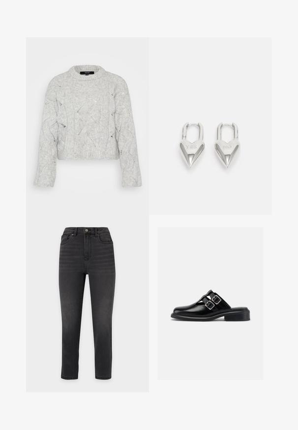 Pull en tricot gris avec un col rond, présentant un motif en cable ondulé et des manches longues amples. Matière douce et texturée.; Jean noir taille haute, coupe ajustée, avec bouton devant, fermeture éclair et cinq poches, présenté sur un fond uni.; Chaussure à enfiler en cuir noir avec deux boucles argentées, côtés ouverts, bout rond et talon bas empilé, montrée de profil sur fond blanc.; Cadenas en forme de cœur en argent avec les inscriptions gravées "OUI" et "NON", finition polie, design symétrique et un robuste fermoir en métal.
