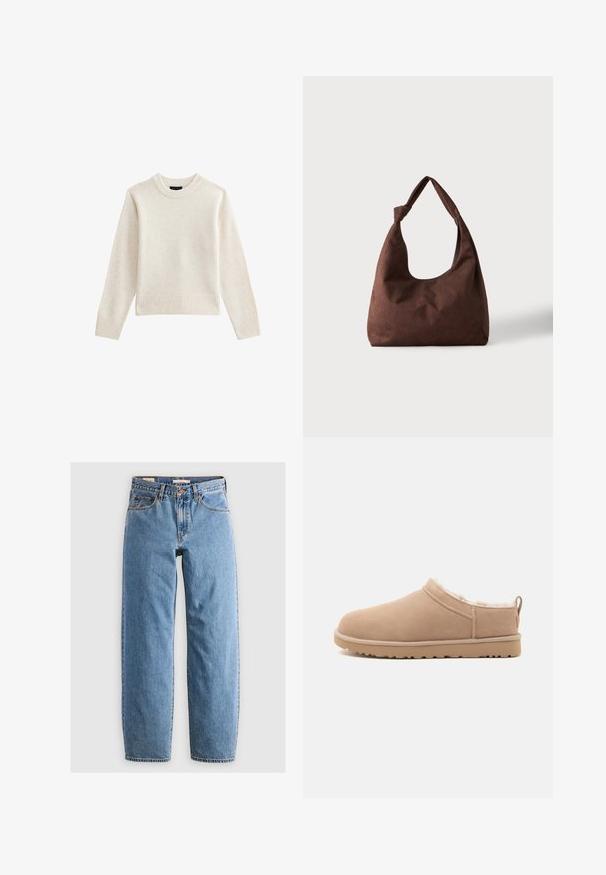 Suéter de punto beige claro con cuello redondo acanalado y dobladillo, con mangas largas y una silueta relajada. Textura suave y diseño minimalista.; Jeans de mezclilla azul claro con un diseño de pierna recta, cinco bolsillos, cremallera y una textura sutilmente desgastada. Estilo clásico con un hardware mínimo.; Zapatilla beige sin cordones con exterior de ante suave, forro de peluche blanco y suela de goma con dibujo antideslizante, mostrada en perfil lateral.; Bolso de tela marrón con textura y un solo asa atada en un nudo, mostrado sobre un fondo claro y liso.