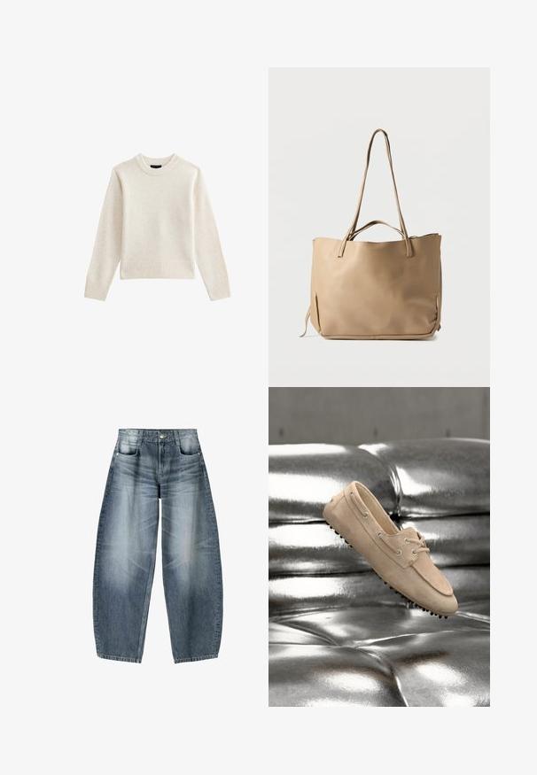 Pull en tricot beige clair avec un col rond côtelé et un ourlet, doté de manches longues et d'une silhouette décontractée. Texture douce et design minimal.; Jean large en denim bleu clair avec décoloration, présentant un design à cinq poches, un bouton de fermeture et des détails de couture minimaux.; Mocassin beige en daim avec détail de lacet et semelle en caoutchouc cloutée, posé sur une surface matelassée métallique argentée brillante.; Sac cabas en cuir beige avec deux longues bandoulières, une surface texturée et un design minimaliste. Il comporte une ouverture supérieure et des liens latéraux.