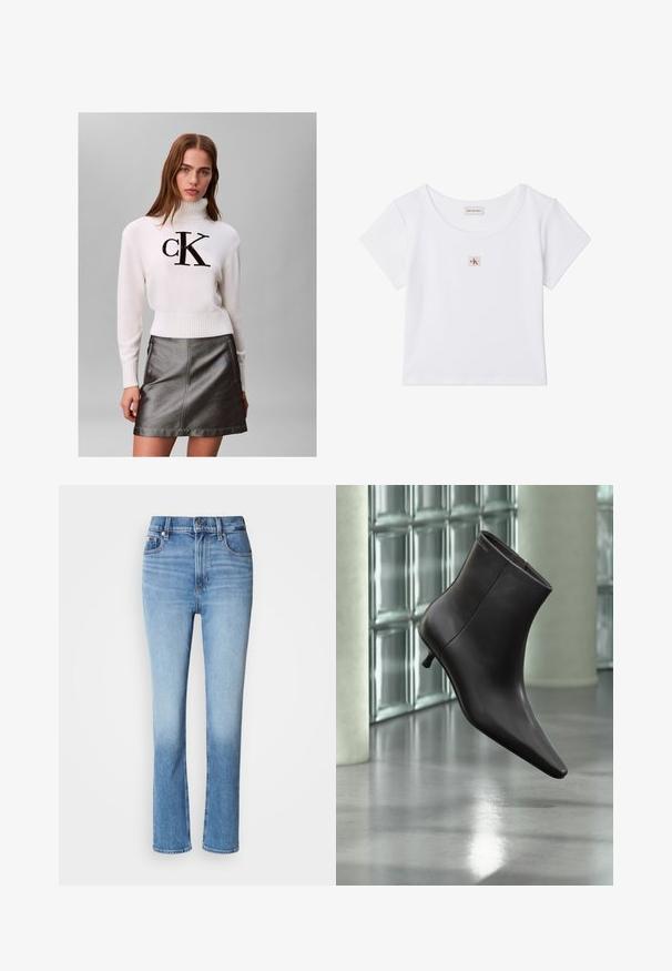Mladá žena v bielom roláku s čiernym logom "CK" a metalickou tmavosivou koženou sukňou stojí pred jednoduchým pozadím.; Biely krátky crop top s krátkymi rukávmi, guľatým výstrihom a malou štvorcovou nášivkou s logom Calvin Klein Jeans v strede vpredu.; Modré denimové džínsy s vysokým pásom, priamym strihom, vyblednutým farebným prechodom a piatimi vreckami. Kovový gombík a zips na zapínanie.; Čierna kožená členková obuv s ostrou špičkou a nízkym podpätkom, zobrazená na pozadí steny zo sklenených blokov a leštenej podlahy.