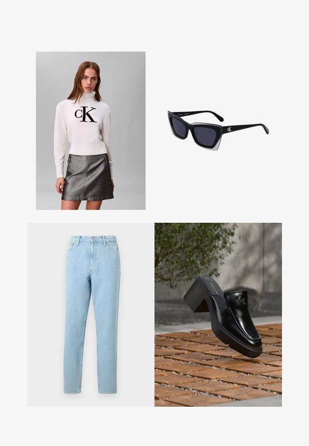 Mujer joven con un suéter blanco de cuello alto con el logo negro de "CK" y una falda de cuero metálica gris oscuro, posando frente a un fondo liso.; Pantalones vaqueros de denim azul claro con un corte recto, diseño de cinco bolsillos y cierre de botones. Presentan un ligero desvanecimiento y una textura suave.; Mule tipo slip-on de cuero negro de Calvin Klein con tacón de bloque descansando sobre baldosas de madera al aire libre cerca de una planta verde y una pared gris.; Gafas de sol negras de gran tamaño con una forma geométrica, que presentan lentes oscuros y un detalle gris contrastante en la montura. Logo en la pata.