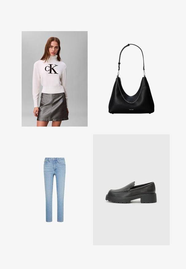 Jonge vrouw draagt een witte coltrui met zwart "CK"-logo en een metalen donkergrijze leren rok, staand tegen een effen achtergrond.; Lichtblauwe denim jeans, rechte snit, vijfzakkenmodel, met knoop- en ritssluiting aan de voorkant, voorzien van subtiele vervagingen en stikseldetails.; Zwarte leren instappers met een ronde neus, dikke getextureerde zool en minimale stikseldetails. Strak ontwerp zonder zichtbare veters of hardware.; Zwarte leren handtas met een zilveren kettingdetail en verstelbare schouderriem, met het Calvin Klein-logo aan de voorkant.