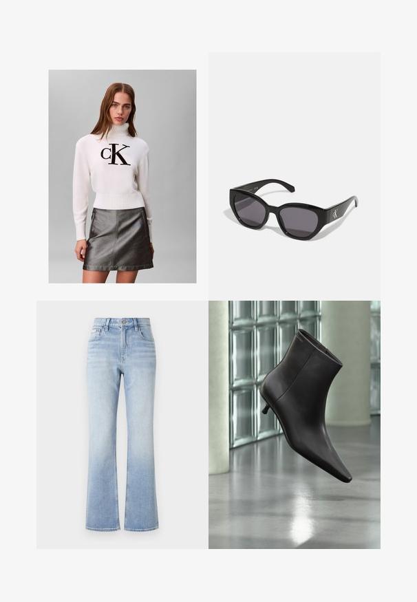 Mujer joven con un suéter blanco de cuello alto con el logo negro de "CK" y una falda de cuero metálica gris oscuro, posando frente a un fondo liso.; Jeans acampanados de mezclilla azul claro con cintura alta, costuras en contraste, bolsillos frontales y un sutil efecto de desgaste hacia el dobladillo.; Bota de cuero negro para el tobillo con puntera puntiaguda y tacón pequeño, exhibida frente a una pared de bloques de vidrio y un suelo pulido.; Gafas de sol negras con un diseño elegante y angular, lentes oscuros y un logo plateado en contraste en el lateral. Textura de plástico suave.