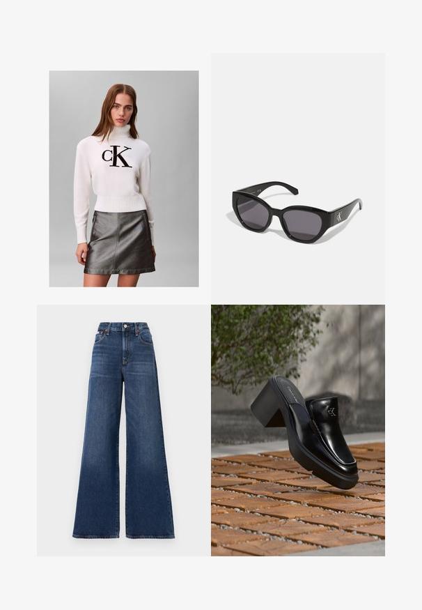 Ung kvinde iført en hvid turtleneck sweater med sort "CK" logo og en metallisk mørkegrå lædernederdel står foran en ensfarvet baggrund.; Højtaljede, brede bukser lavet af mørkeblå denim, med knaplukning, fem lommer og subtil falming på lårene.; Sort læder Calvin Klein slip-on mule med blokhæl, der hviler på trætøj udendørs nær en grøn plante og en grå væg.; Sorte solbriller med et strømlinet, vinklet design, mørke linser og et kontrasterende sølvlogo på siden. Glat plastoverflade.