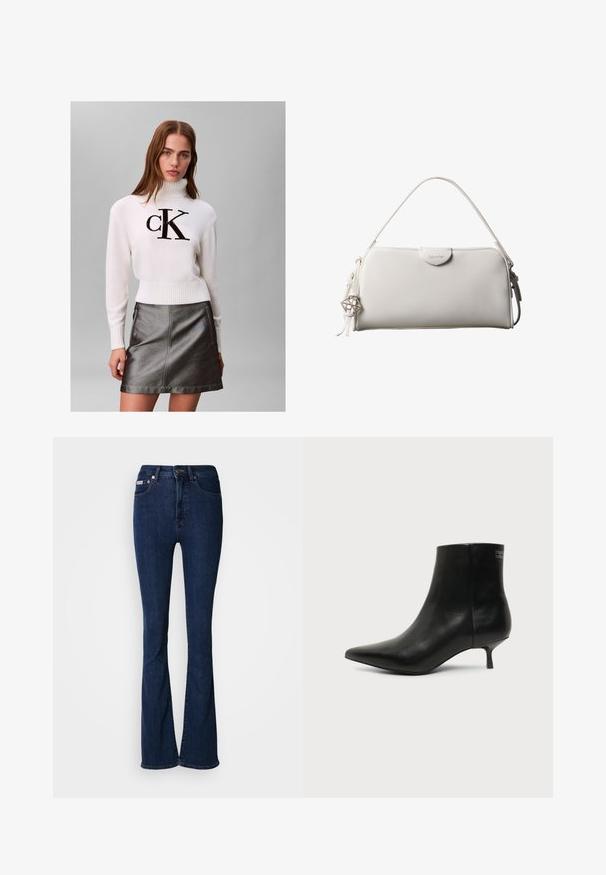 Jeune femme portant un pull à col roulé blanc avec le logo noir "CK" et une jupe en cuir gris foncé métallisée, debout devant un fond uni.; Jean évasé bleu foncé en denim avec une taille haute, doté d'une fermeture éclair, d'un bouton et de détails de couture subtils.; Bottine en cuir noir avec bout pointu et petit talon kitten sur fond clair, vue côté extérieur.; Sac à main rectangulaire blanc Calvin Klein avec une seule poignée, design minimaliste et pampilles décoratives avec un charm métallique géométrique sur le côté.
