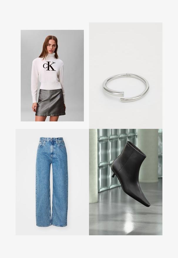 Jeune femme portant un pull à col roulé blanc avec le logo noir "CK" et une jupe en cuir gris foncé métallisée, debout devant un fond uni.; Jean large en denim bleu clair avec taille haute, ourlet effiloché et design à cinq poches. La texture usée ajoute de la profondeur au tissu.; Bottine en cuir noir avec bout pointu et petit talon, présentée devant un mur en blocs de verre et un sol poli.; Calvin Klein SPIRAL - Bracelet - silver-coloured