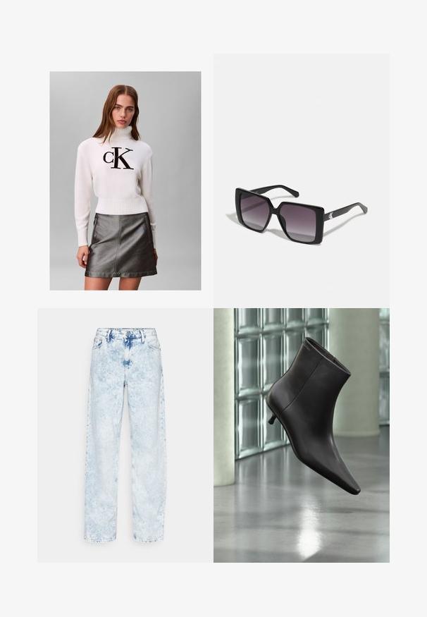 Mladá žena v bielom roláku s čiernym logom "CK" a metalickou tmavosivou koženou sukňou stojí pred jednoduchým pozadím.; Calvin Klein Jeans 90'S STRAIGHT - Džínsy s rovným strihom - denim light; Čierna kožená členková obuv s ostrou špičkou a nízkym podpätkom, zobrazená na pozadí steny zo sklenených blokov a leštenej podlahy.; Čierne slnečné okuliare v štvorcovom tvare so sivými gradientovými šošovkami. Lesklé rámy s čistými líniami. Strieborný logotyp ako akcent na nožičkách.