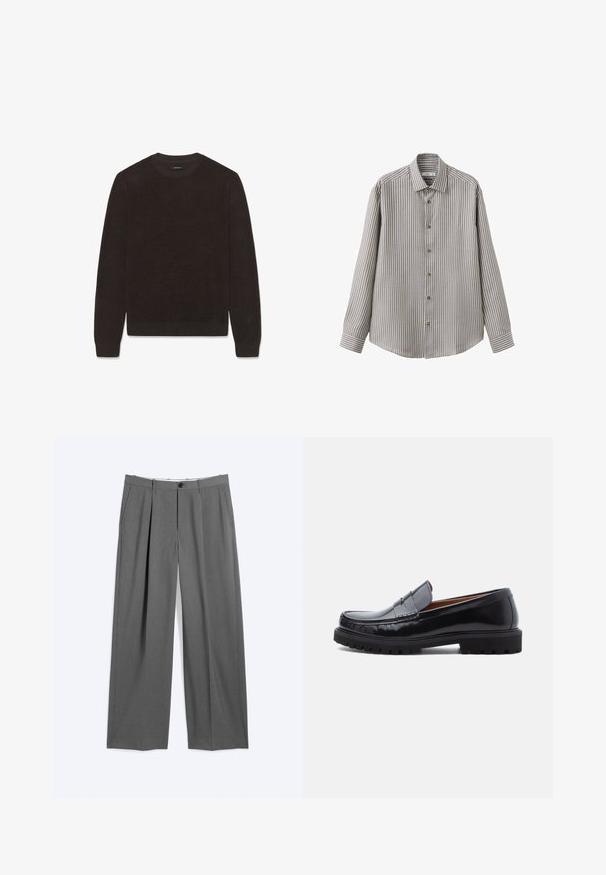 Pull marron en tricot, col rond, manches longues, poignets et ourlet côtelés, tissu texturé. Design simple et épuré, aspect doux.; Chemise grise à manches longues avec des rayures blanches verticales, boutonnée sur le devant et col classique, présentée sur fond blanc.; Pantalon formel gris avec jambes droites, plis à l'avant, poches latérales, passants pour ceinture et fermeture devant par bouton et glissière.; Mocassin penny en cuir noir avec semelle en caoutchouc épaisse et couture moc toe, montré de profil sur un fond blanc.