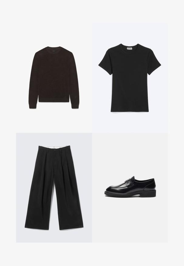 Pull marron en tricot, col rond, manches longues, poignets et ourlet côtelés, tissu texturé. Design simple et épuré, aspect doux.; T-shirt noir uni à manches courtes et col rond avec une étiquette de la marque Weekday à l’intérieur du col, présenté sur fond blanc.; Pantalon noir à jambes larges avec plis, passants pour ceinture et fermeture par bouton, présenté sur un fond gris clair.; Zign LEATHER - Mocassins de ville - black