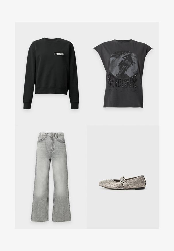 Sweatshirt noir à manches longues et col rond avec une petite étiquette blanche et noire cousue près de la zone de la poitrine gauche.; Débardeur noir avec un graphique de moto et le mot "REVOLTAIRE" orné de petits clous brillants à l'avant.; Jean en denim gris évasé avec une taille haute, une finition délavée, cinq poches et des passants pour ceinture. Détails de coutures le long des coutures.; Chaussure plate grise à bout rond, ornée de clous métalliques, avec une sangle latérale présentant un détail de boucle en argent. Texture lisse.
