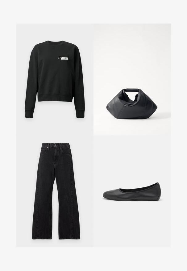 Sweatshirt noir à manches longues et col rond avec une petite étiquette blanche et noire cousue près de la zone de la poitrine gauche.; Jean noir taille haute à jambes larges, fermeture à boutons devant, passants de ceinture et poches, posé à plat sur fond blanc.; Ballerines en cuir noir avec un bout rond, texture lisse, détails de couture minimalistes et design de semelle flexible.; Sac en cuir noir avec un extérieur texturé, une forme froissée unique et une courte poignée. Dispose d'un seul compartiment principal.