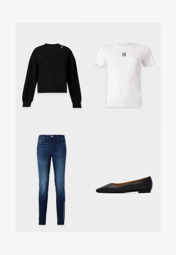 Sweat-shirt noir à manches longues avec col rond, poignets et ourlet côtelés, avec un petit texte blanc sur l'épaule gauche près de l'encolure.; T-shirt blanc à manches courtes avec un petit logo noir brodé au centre de la poitrine et un col rond.; Jean slim bleu foncé avec cinq poches et légère décoloration, avec un petit texte blanc le long de la partie inférieure externe de la jambe droite.; Chaussure plate en cuir noir à bout pointu avec talon bas et finition lisse, vue de côté sur un fond gris clair.