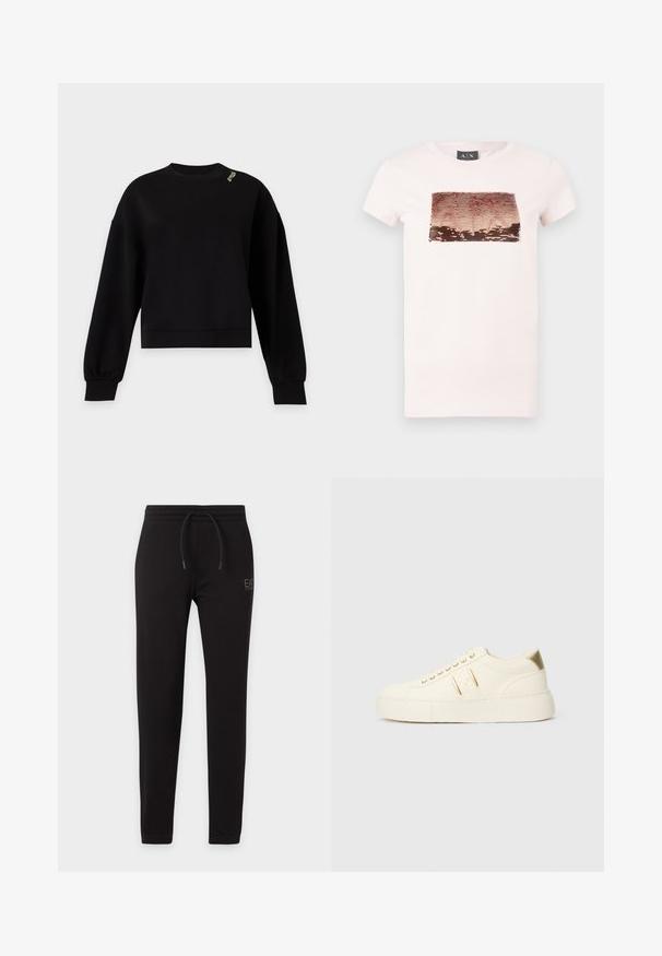 Sweat-shirt noir à manches longues avec col rond, poignets et ourlet côtelés, avec un petit texte blanc sur l'épaule gauche près de l'encolure.; T-shirt à manches courtes rose pâle avec un design de sequins réversibles rectangulaires doré rose et marron sur la poitrine et un col rond.; Pantalon de survêtement noir slim avec taille élastique et cordon, avec petit logo "EA7 Emporio Armani" sur la cuisse gauche.; Baskets basses de couleur crème avec des accents dorés, des lacets et un marquage « Armani Exchange » en relief sur la semelle et le patch latéral.