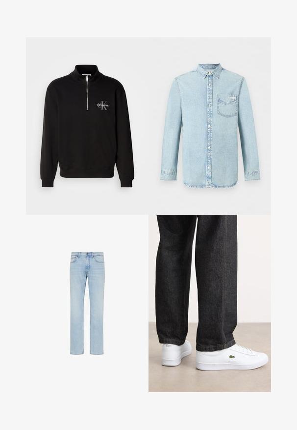 Sort sweatshirt med høj krave og kvart lynlås, med et gråt "Calvin Klein" logo og "K" emblem på brystet. Materialet er en bomuldsblanding.; Lyseblå denim-skjorte med lange ærmer, knaplukning foran, enkelt brystlomme med Calvin Klein-logo og spids krave.; Lyseblå straight-leg jeans i denim med forreste knap, lynlås og design med fem lommer vist på hvid baggrund.; Hvite lærsneakers med et lavprofil-design og grønt logo, parret med mørke denimjeans med gul syning.