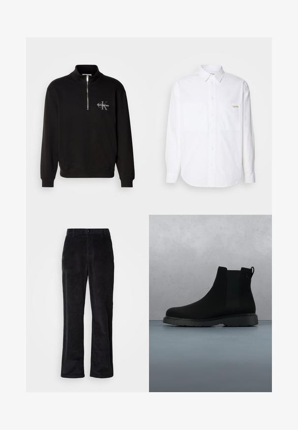 Sudadera negra de cuello alto y cremallera de un cuarto, con un logo gris de "Calvin Klein" y un emblema de "K" en el pecho. Material de mezcla de algodón.; Camisa de botones de manga larga blanca hecha de algodón. Presenta dos bolsillos en el pecho, un dobladillo curvado y un pequeño logotipo dorado en el bolsillo izquierdo.; Pantalones de pana en negro intenso con un diseño de pierna recta, que presentan cierre de botón, trabillas para cinturón y bolsillos laterales para un uso funcional.; Botín negro de tobillo, hecho de material suave con costuras sutiles, suela de goma y un diseño elegante, posicionado sobre una superficie con textura de madera.