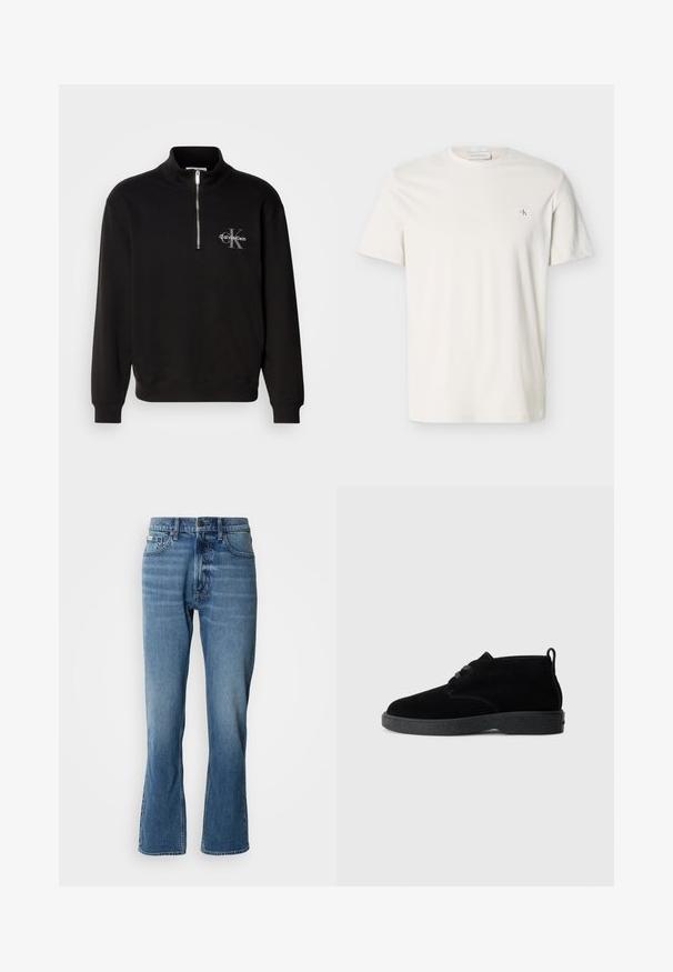 Zwarte pullover met hoge kraag en kwart rits, met een grijze "Calvin Klein" logo en "K" embleem op de borst. Gemaakt van een katoenmix.; Effen wit T-shirt met korte mouwen, ronde hals en een klein CK-logo op de linkerborst.; Lichtblauwe denim jeans met een rechte snit en een lichte flare. Beschikt over vijf zakken, een knoopsluiting en subtiele wassingdetails.; Zwarte suede enkellaarsjes met een ronde neus, vetersluiting, zwarte rubberen zool en een aantreklip aan de achterkant voor gemakkelijk aan- en uittrekken.
