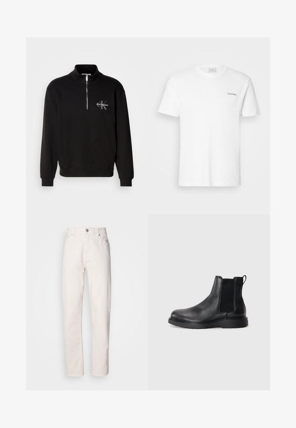 Must mustriga särk kõrge kaeluse ja veerandi tõmblukuga, millel on hall "Calvin Klein" logo ja "K" embleem rinnal. Puuvilla segu materjal.; Valge puuvillasest T-särk lühikäistega ja ümarkaelusega. Vasakul rinnal on väike must "Calvin Klein" logo.; Sirgeda valgedest denimist püksid, millel on nupuga ja lukuga kinnitajad, vööreak ja ees- ning tagaosal taskud, esitlemine lihtsal taustal.; Mustad mustad Chelsea saapad, millel on tekstuuriga viimistlus, elastsed külgtaskud ja vastupidav kummist tald. Discreetne bränding kontsapuntšel.