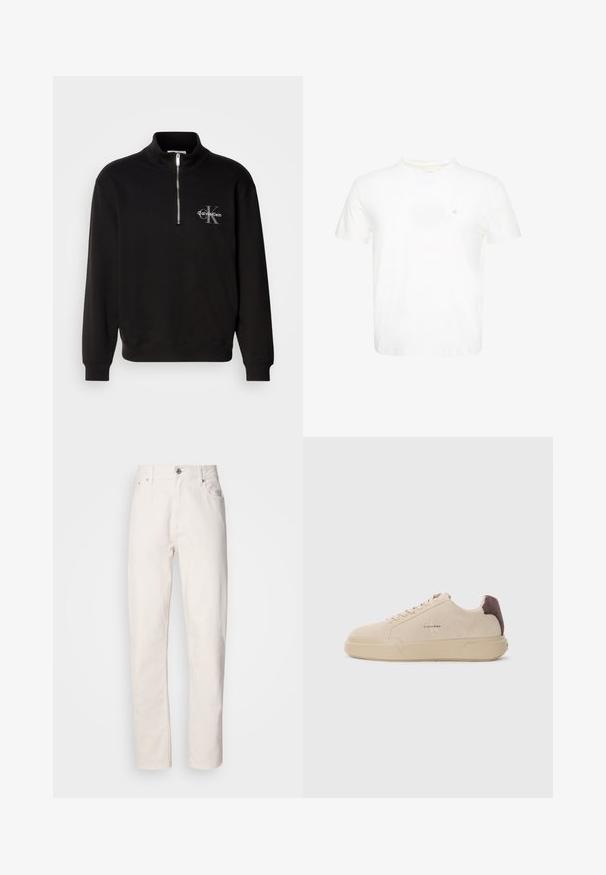 Must mustriga särk kõrge kaeluse ja veerandi tõmblukuga, millel on hall "Calvin Klein" logo ja "K" embleem rinnal. Puuvilla segu materjal.; Valge lühikeste varrukatega ümara kaelusega t-särk väikese tikitud "ck" logoga vasakul rinnal.; Sirgeda valgedest denimist püksid, millel on nupuga ja lukuga kinnitajad, vööreak ja ees- ning tagaosal taskud, esitlemine lihtsal taustal.; Beige nabukist kingad ümmarguse nina, paeltega esiosas ja pruuni nabukist aktsendiga kanna osas. Omab tekstuuriga kummist tallat.