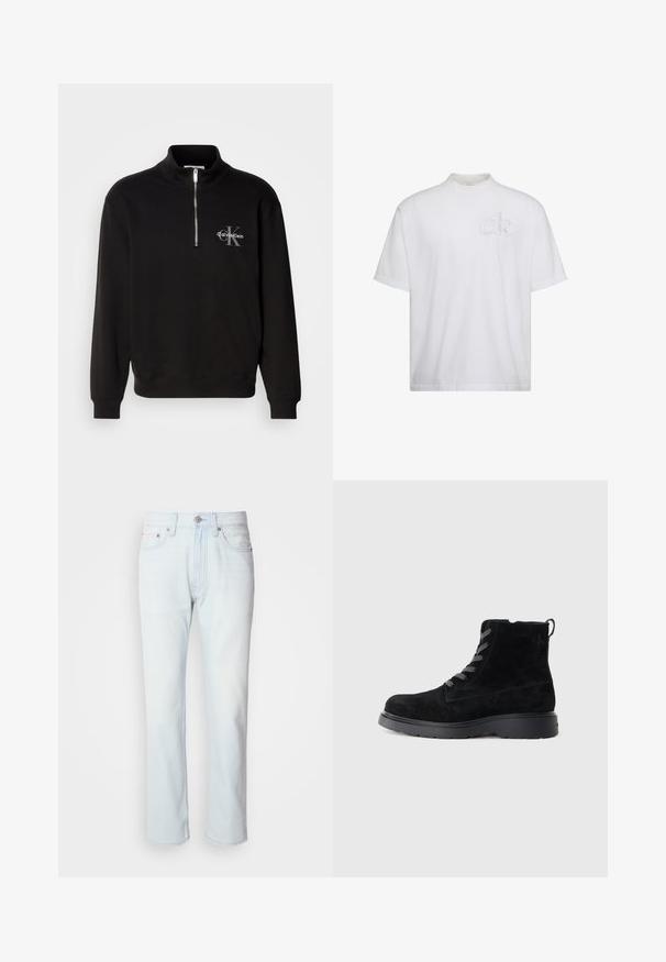 Sudadera negra de cuello alto y cremallera de un cuarto, con un logo gris de "Calvin Klein" y un emblema de "K" en el pecho. Material de mezcla de algodón.; Camiseta blanca de manga corta con cuello alto simulado, con un sutil logo "ck" en relieve en el pecho izquierdo.; Jeans de mezclilla azul claro con corte recto. Cuentan con un cierre de botón y pasadores para cinturón, mostrando una textura desgastada y costuras mínimas.; Botines de ante negro con una superficie texturizada, puntera redonda, cordones grises y suela negra resistente. Cuenta con una pequeña lengüeta en la parte posterior.