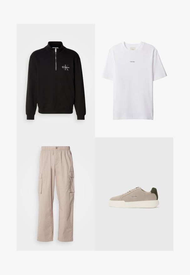 Zwarte pullover met hoge kraag en kwart rits, met een grijze "Calvin Klein" logo en "K" embleem op de borst. Gemaakt van een katoenmix.; Witte katoenen T-shirt met een ronde hals en korte mouwen. Heeft een klein zwart "Calvin Klein"-logo in het midden van de borst.; Beige cargo broek met een relaxed fit, elastische tailleband, knoopsluiting en zijzakken. Gemaakt van lichte stof met een soepele textuur.; Beige suède sneakers met een witte rubberen zool, voorzien van een donkergroene hielaccent en subtiele branding aan de zijkant.