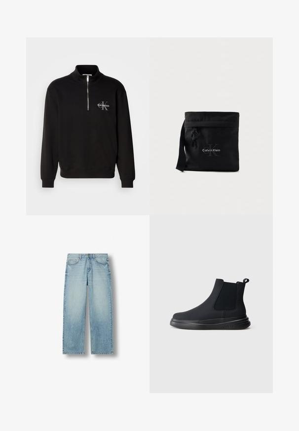 Sort sweatshirt med høj krave og kvart lynlås, med et gråt "Calvin Klein" logo og "K" emblem på brystet. Materialet er en bomuldsblanding.; Lyseblå straight-leg cowboybukser med fem lommer og knaplukning, vist mod en hvid baggrund.; Sorte Chelsea støvler med elastiske sidepaneler, glat mat finish og en tyk sål. Har en træksløjfe for nem påtagning. Minimalistisk design.; Sort nylon crossovertaske med toplukning, med logo tryk og justerbar rem. Glat tekstur og minimalistisk design.
