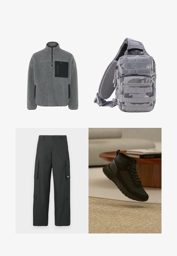 Pull en polaire gris clair avec un tissu texturé, fermeture zip quart, et accents de poche noirs sur la poitrine et les côtés.; Pantalons cargo noirs à jambes droites avec poches latérales à rabat, fermeture à bouton, passants de ceinture et petit logo blanc sur le rabat de la poche droite.; Baskets montantes noires à lacets flottant au-dessus d'un tapis beige, table ronde en bois avec des livres empilés dans un salon moderne et clair.; Brandit US COOPER EVERYDAYCARRY-SLING - Sac bandoulière - blizzard camo