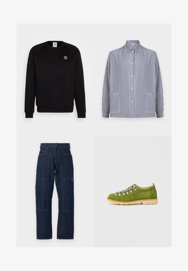 Sort sweatshirt med raglanærmer, rund hals og ribstrikkede manchetter. Har et lille hvidt Adidas-logo på brystet. Blødt tekstil.; Langærmet skjorte med knapper, blå og hvide lodrette striber, spids krave og to forlommer.; Mørkeblå denim arbejdstrusser med forstærkede knælapper, forlommer, bæltestropper og en knaplukning ved taljen.; Grønne ruskinds vandresko har en rund tå, tekstureret overdel, metal øjer og en beige gummisål med et mønstret slidbane.