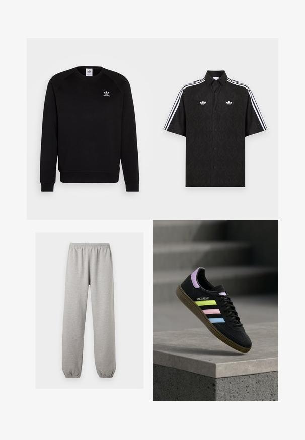 Sort sweatshirt med raglanærmer, rund hals og ribstrikkede manchetter. Har et lille hvidt Adidas-logo på brystet. Blødt tekstil.; Sort kortærmet skjorte med knapper og et subtilt flammemønster, hvide Adidas trefoil-logoer på brystet og hvide tre striber på ærmerne.; Lysegrå joggingbukser med elastik i taljen og ved anklerne, lige ben, lavet af blødt stof.; Sort Adidas Spezial sneaker med pastelgule, pink og blå striber, lavendel hælstrop og brun sål, svævende over betonforkant.