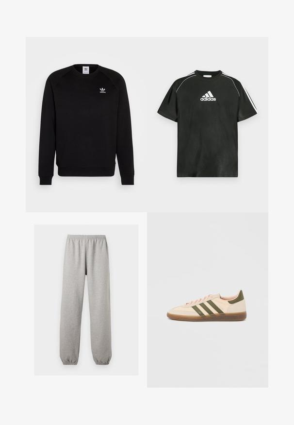 Musthave mustriga de vestit mustigal mustiga kupliitega mustiga releglindsiga, millel on ümmargune kaelus ja soonikkoes varrukad. Rinna peal on väike valge Adidas'i logo. Pehme kanga tekstuur.; Must lühikeste varrukatega T-särk, millel on valge Adidas logo rinnal ja valged triibud õlgadel. Valmistatud siledast kangast, lõdva lõikega.; Helehallid dressipüksid elastse vöökohaga ja mansettidega, sirge jala lõige, pehmest kangast.; Madalprofiilne beež Adidas Spezial toss rohelist värvi triipude, kummist tallaga ja "SPEZIAL" brändinguga küljel, nähtav välisküljelt.