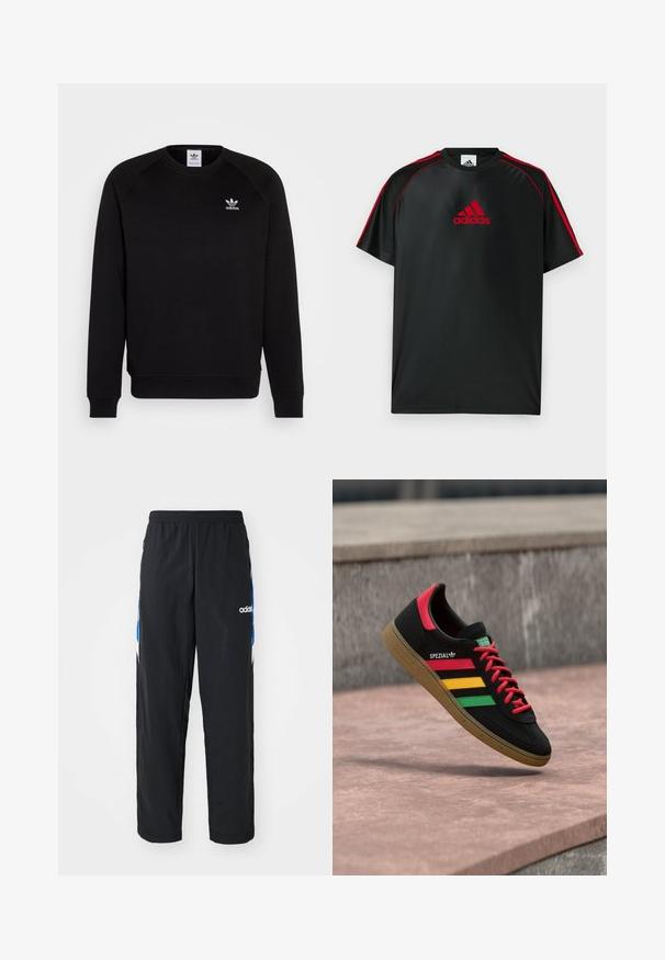 Schwarzer Sweatshirt mit Raglanärmeln, Rundhalsausschnitt und gerippten Bündchen. Verfügt über ein kleines, weißes Adidas-Logo auf der Brust. Weicher Stoff.; Schwarzes Sport-T-Shirt mit roten Akzenten und Logo. Hergestellt aus glattem, leichtem Stoff. Verfügt über einen Rundhalsausschnitt und kurze Ärmel.; Schwarze Sporthose mit elastischem Bund, ausgestattet mit blauen und weißen grafischen Akzenten an den Seiten und einem gestickten Logo.; Schwarzer Adidas Spezial Sneaker mit roten, gelben und grünen Streifen, roten Schnürsenkeln, Gummisohle und rotem Fersen-Detail, schwebend über dem Pflaster gezeigt.
