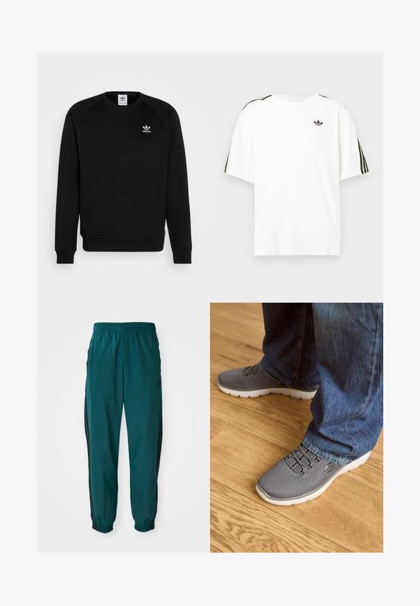 Sort sweatshirt med raglanærmer, rund hals og ribstrikkede manchetter. Har et lille hvidt Adidas-logo på brystet. Blødt tekstil.; Hvid bomuld t-shirt med korte ærmer, prydet med sorte tre-stribede detaljer på skuldrene og et lille sort logo på brystet.; Teal sportsbukser med snoretræk i taljen, elastiske manchetter og sorte striber på siden. Lavet af letvægtsstof med et logo nær hoften.; Grå løbesko med mesh-overdel, hvid sål og elastiske snørebånd. Parret med blå denimjeans, på et trægulv.