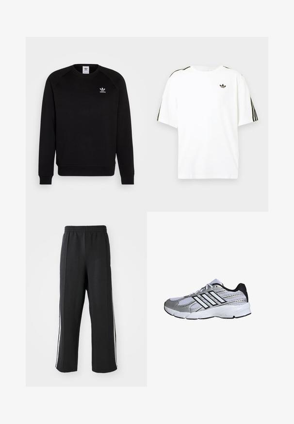 Schwarzer Sweatshirt mit Raglanärmeln, Rundhalsausschnitt und gerippten Bündchen. Verfügt über ein kleines, weißes Adidas-Logo auf der Brust. Weicher Stoff.; Weißes Baumwoll-T-Shirt mit kurzen Ärmeln, ausgestattet mit schwarzen drei Streifen-Akzenten an den Schultern und einem kleinen schwarzen Logo auf der Brust.; Schwarze Jogginghose mit elastischem Bund, ausgestattet mit weißen seitlichen Streifen und einem lässigen Schnitt. Hergestellt aus weichem, dehnbarem Stoff.; Mesh-Sportschuh in Weiß und Silber mit schwarzen Akzenten, drei weißen Streifen als Logo, gepolstertem Kragen und strukturiertem Gummisohle.