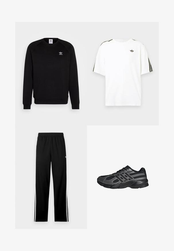 Zwarte sweatshirt met raglanmouwen, ronde hals en geribbelde manchetten. Bevat een klein wit Adidas-logo op de borst. Zachte stoftextuur.; Witte katoenen t-shirt met korte mouwen, voorzien van zwarte drie-strepen accenten op de schouders en een klein zwart logo op de borst.; Zwarte sportbroek van meshstof met een rechte pasvorm, elastische tailleband en witte zijstrepen. Sportslogo zichtbaar.; Zwarte sportschoenen gemaakt van mesh en synthetische materialen, met een getextureerd oppervlak, meerdere grijze strepen en een gevoerde kraag.